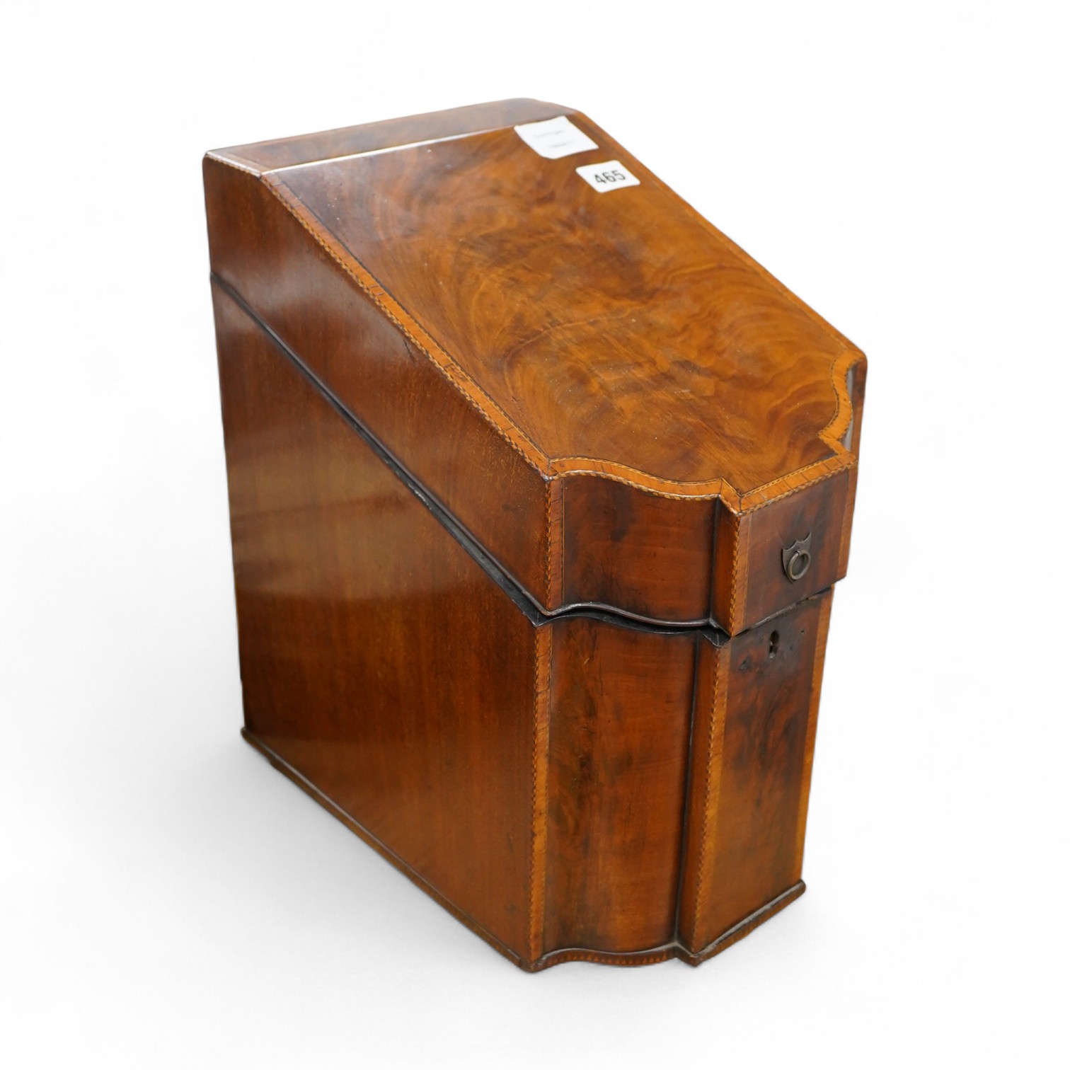 A George III inlaid knife box, converted to a decanter box, fitted with three glass decanters with enamelled labels, 39cm high